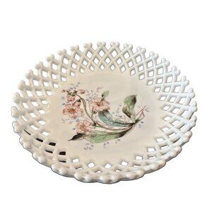 Vtg. 9” Round Milk Glass Painted Floral Bowl Basket weave Lattice Open Lace